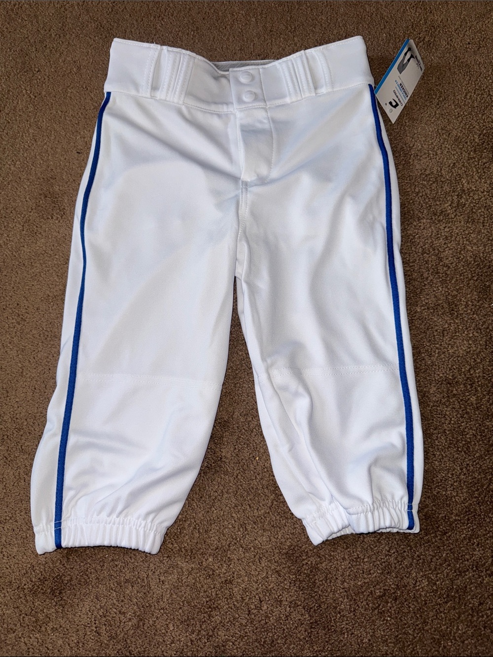Youth White Baseball pants with Royal Blue Side Stripe